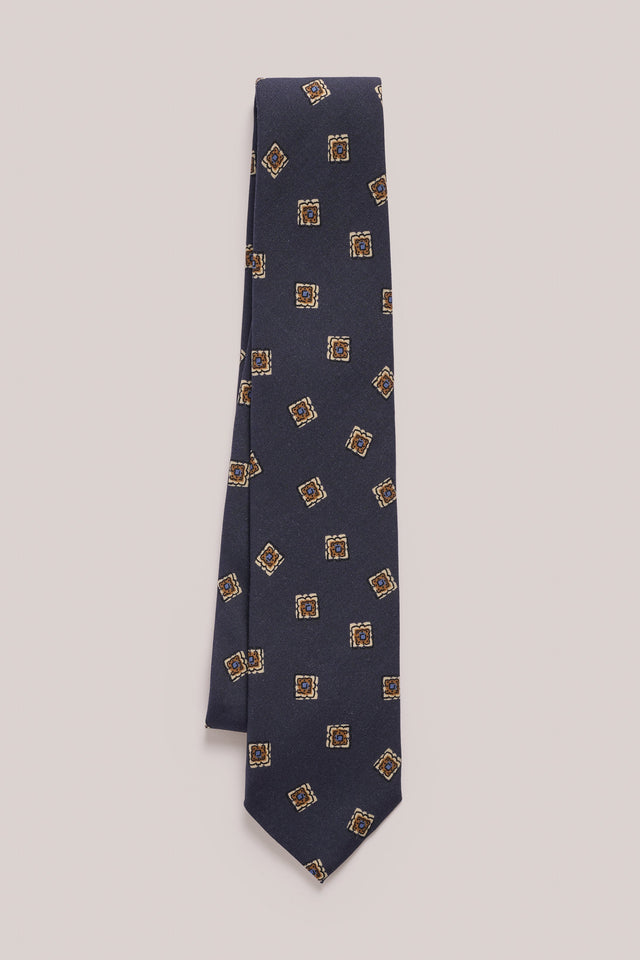 Tie - Silk - Navy Blue With Brown Flower Stamp Print