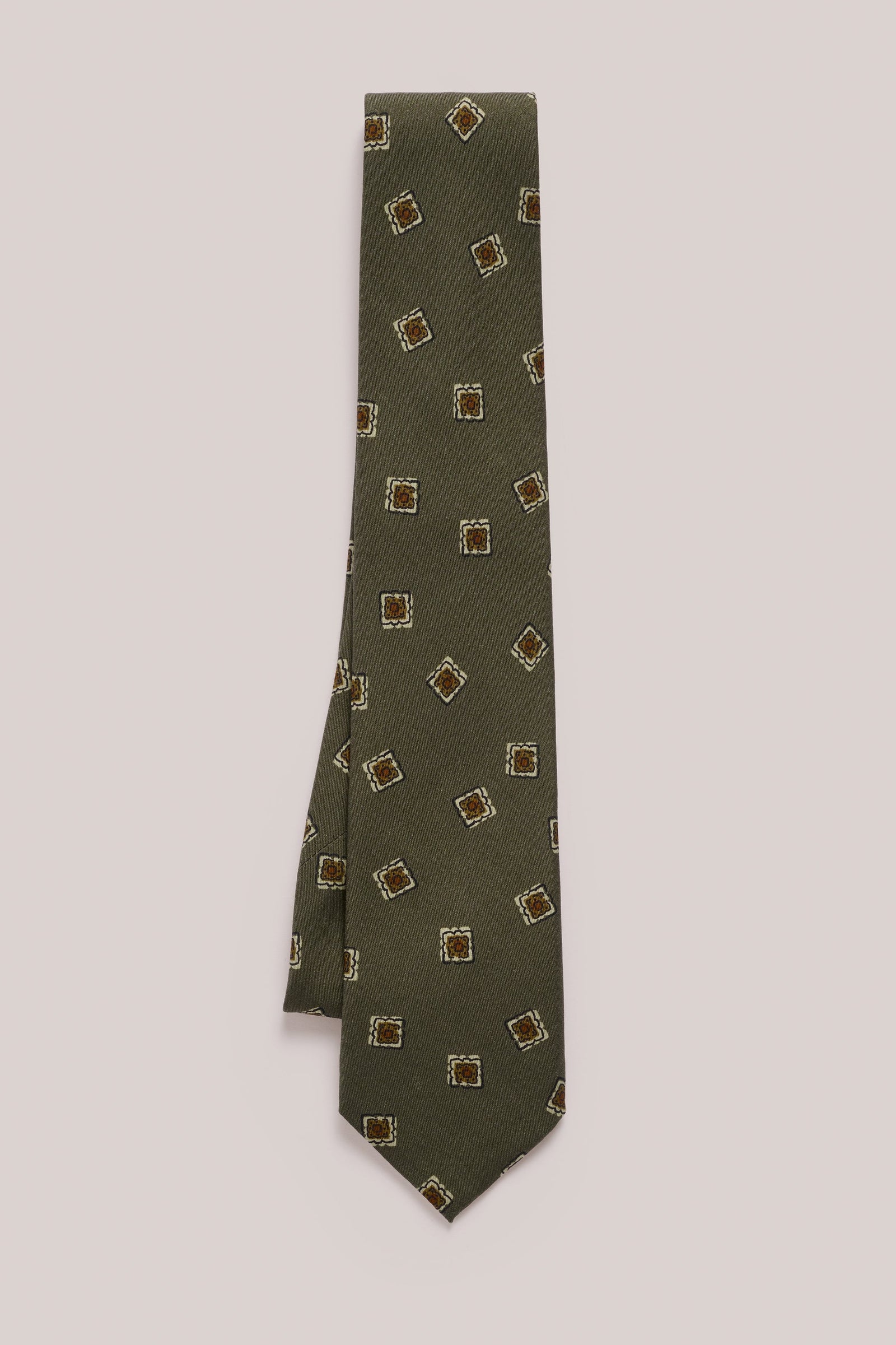 Tie Silk Green With Brown Flower Stamp Print