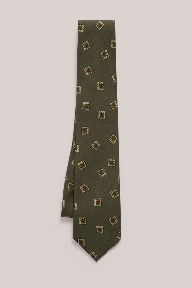 Tie - Silk - Olive Green With Brown Flower Stamp Print
