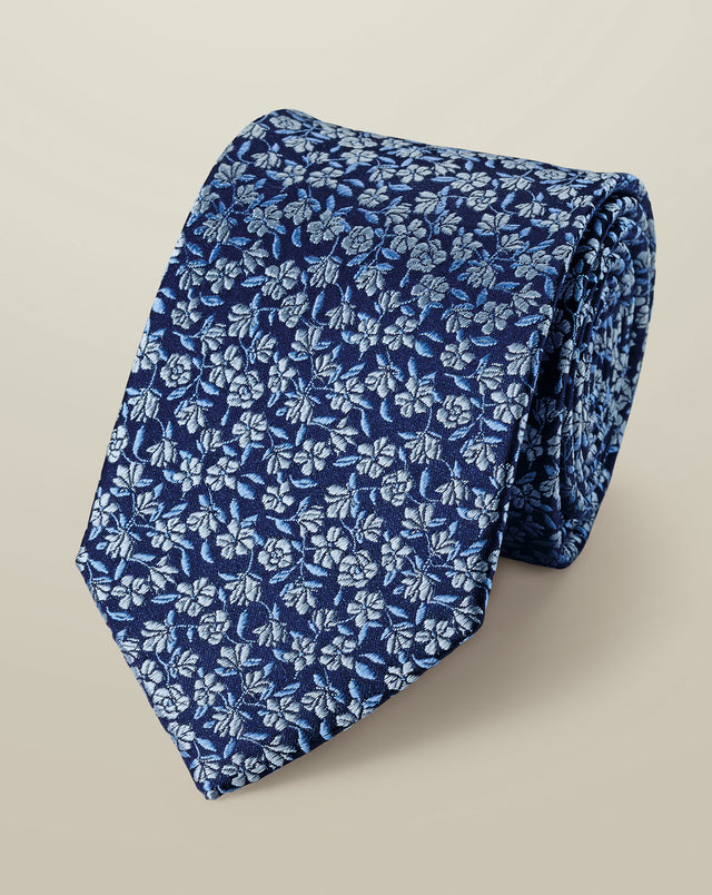 Silk Floral Tie - Navy & Ice Blue