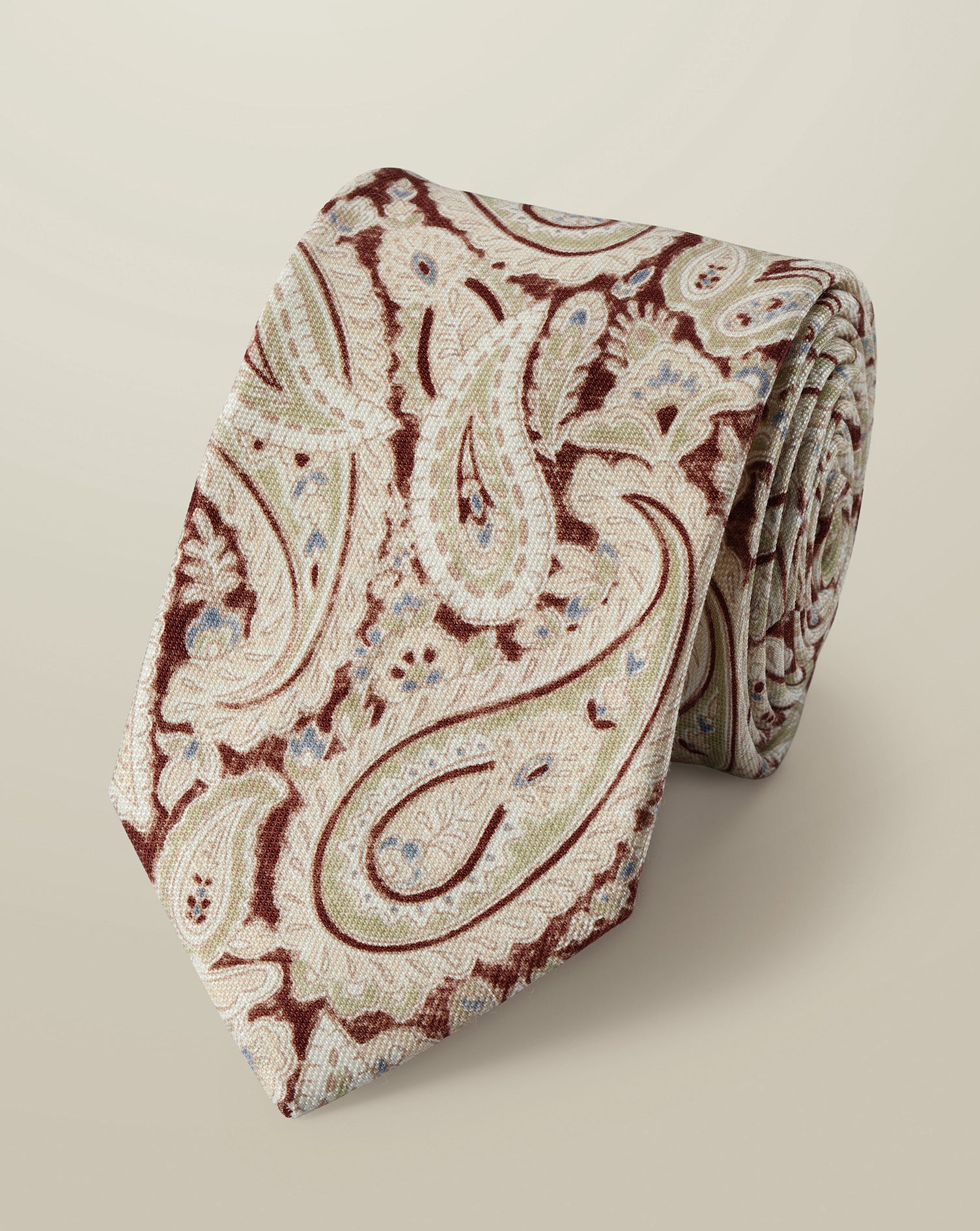 Linen Silk Paisley Tie - Stone & Brown