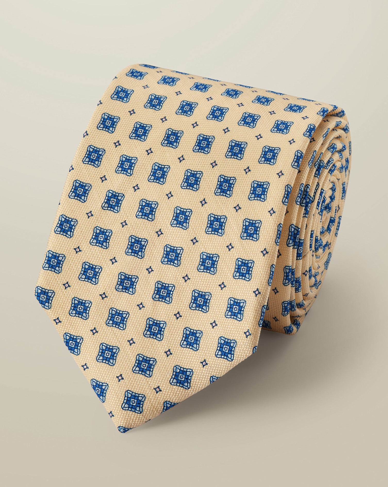 Linen Silk Print Tie Lemon Blue