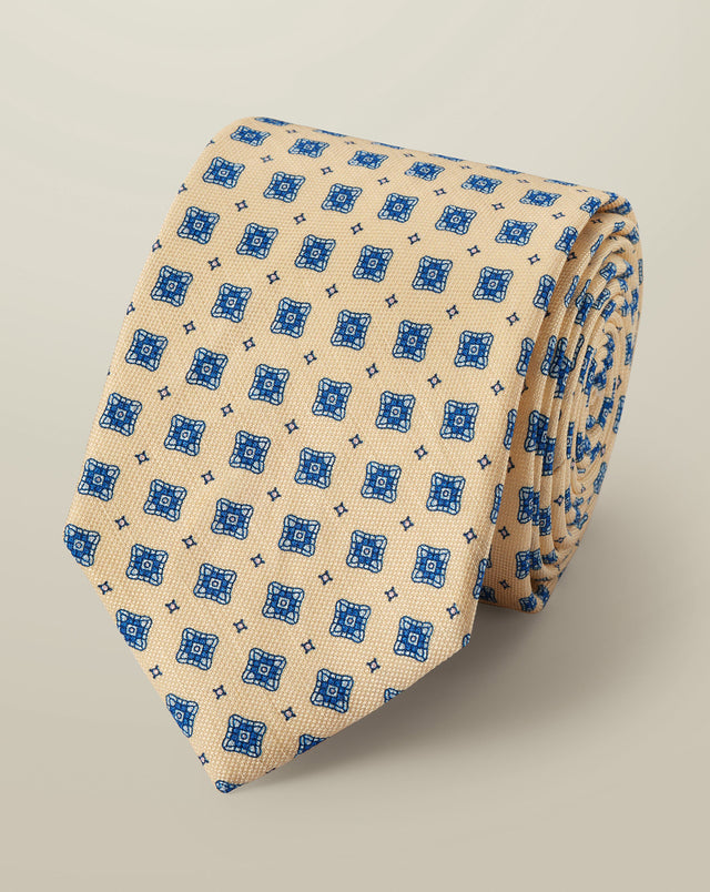 Linen Silk Print Tie - Lemon & Blue