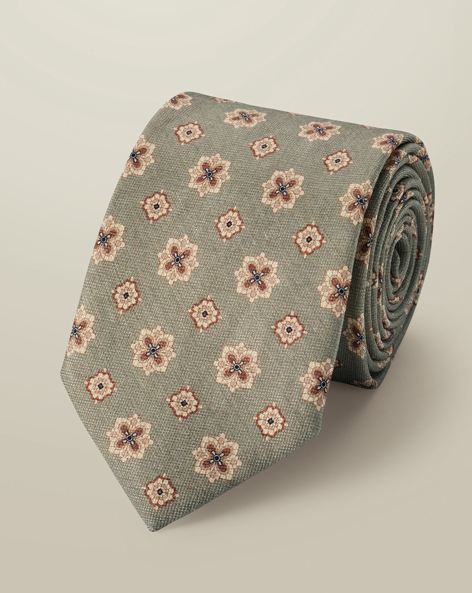 Linen Silk Print Tie - Mid Green