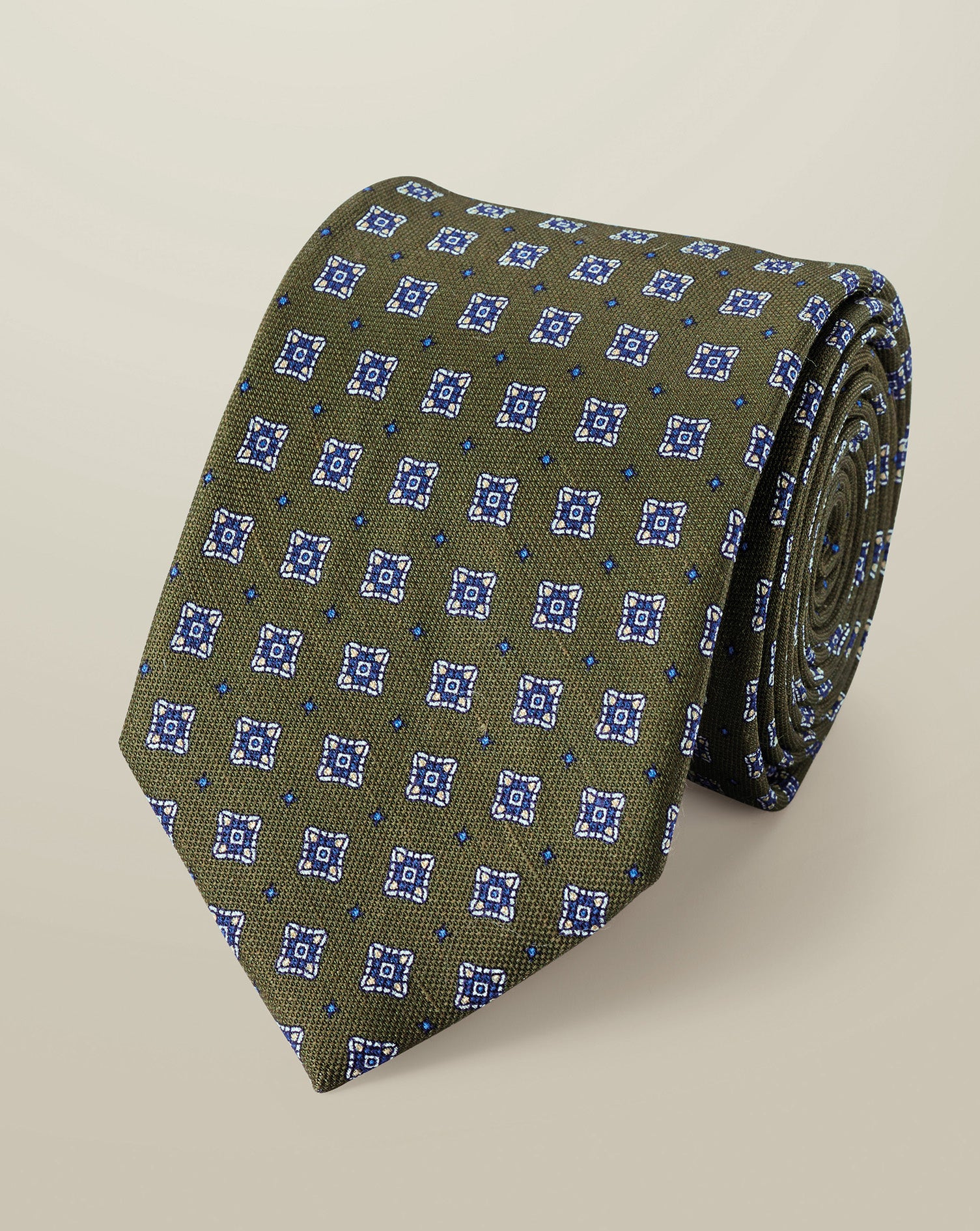 Linen Silk Print Tie Green Blue