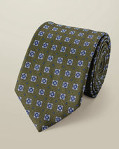 Linen Silk Print Tie Green Blue