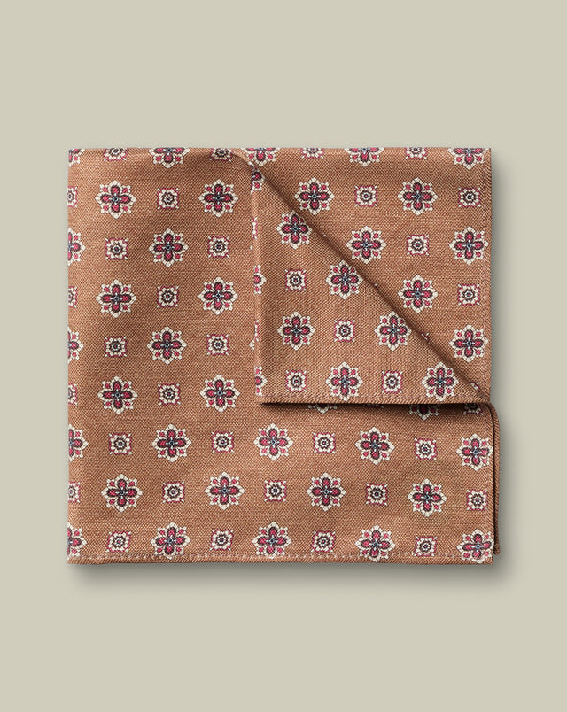 Linen Silk Geo Print Pocket Square – Camel