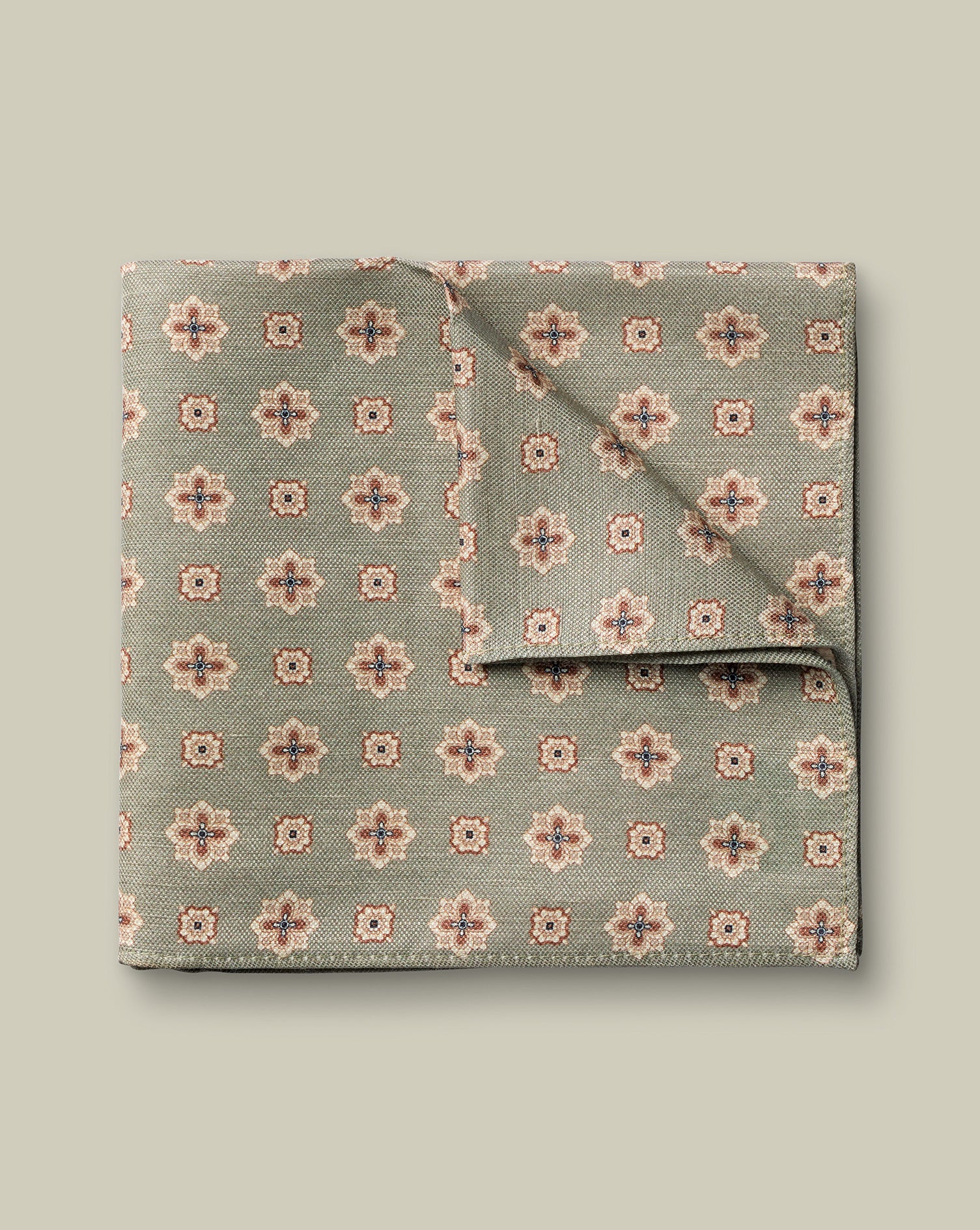 Linen Silk Geo Print Pocket Square Mid Green