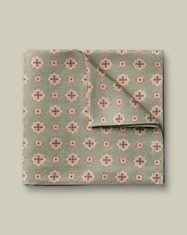 Linen Silk Geo Print Pocket Square – Mid Green