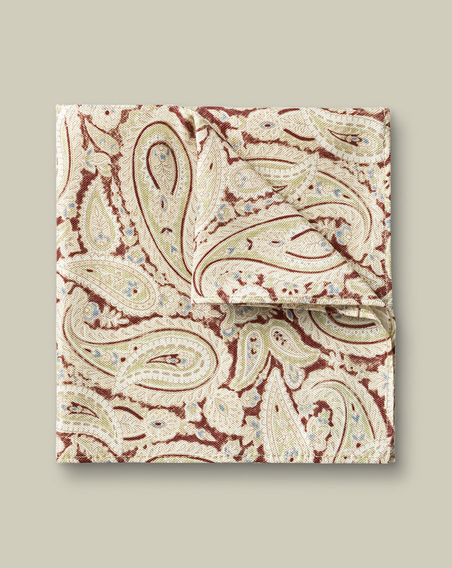 Linen Silk Paisley Pocket Square – Stone & Brown