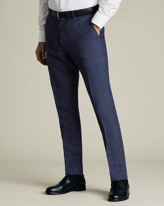 Pure Linen Check Pants - Indigo Blue