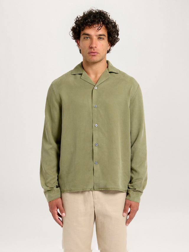 The Long Sleeve Cuban Collar Shirt || Washed Khaki | Tencel™ Lyocell