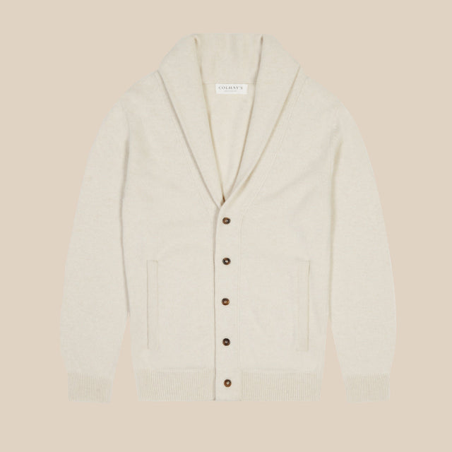 Cashmere painter's shawl collar cardigan in ecru