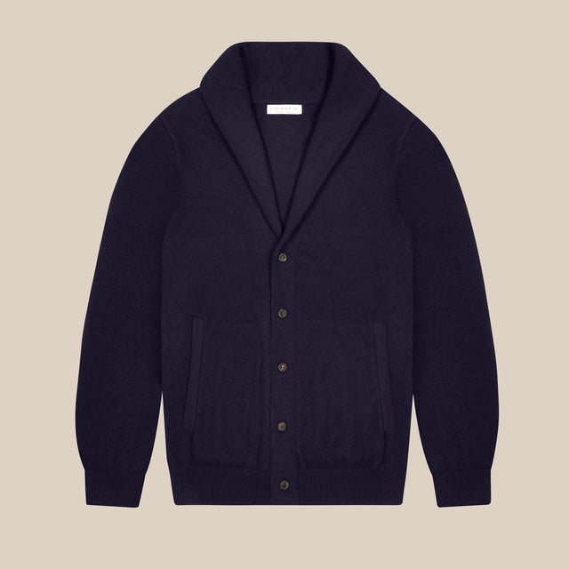 Cashmere painter's shawl collar cardigan in navy