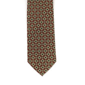 Burgundy wool and silk foulard tie, beige and sage green neat print