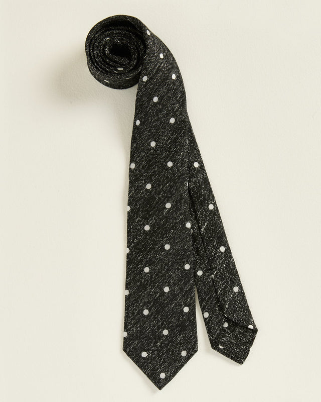 CHARCOAL WOOL TIE WITH WHITE POLKA DOTS