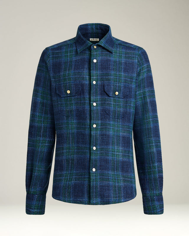 HANDMADE TARTAN OVERSHIRT IN BLUE WOOL BLEND