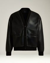 FAUX LEATHER BOMBER BLACK WITH RIBBED DETAILS