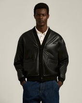 FAUX LEATHER BOMBER BLACK WITH RIBBED DETAILS