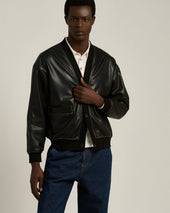 FAUX LEATHER BOMBER BLACK WITH RIBBED DETAILS