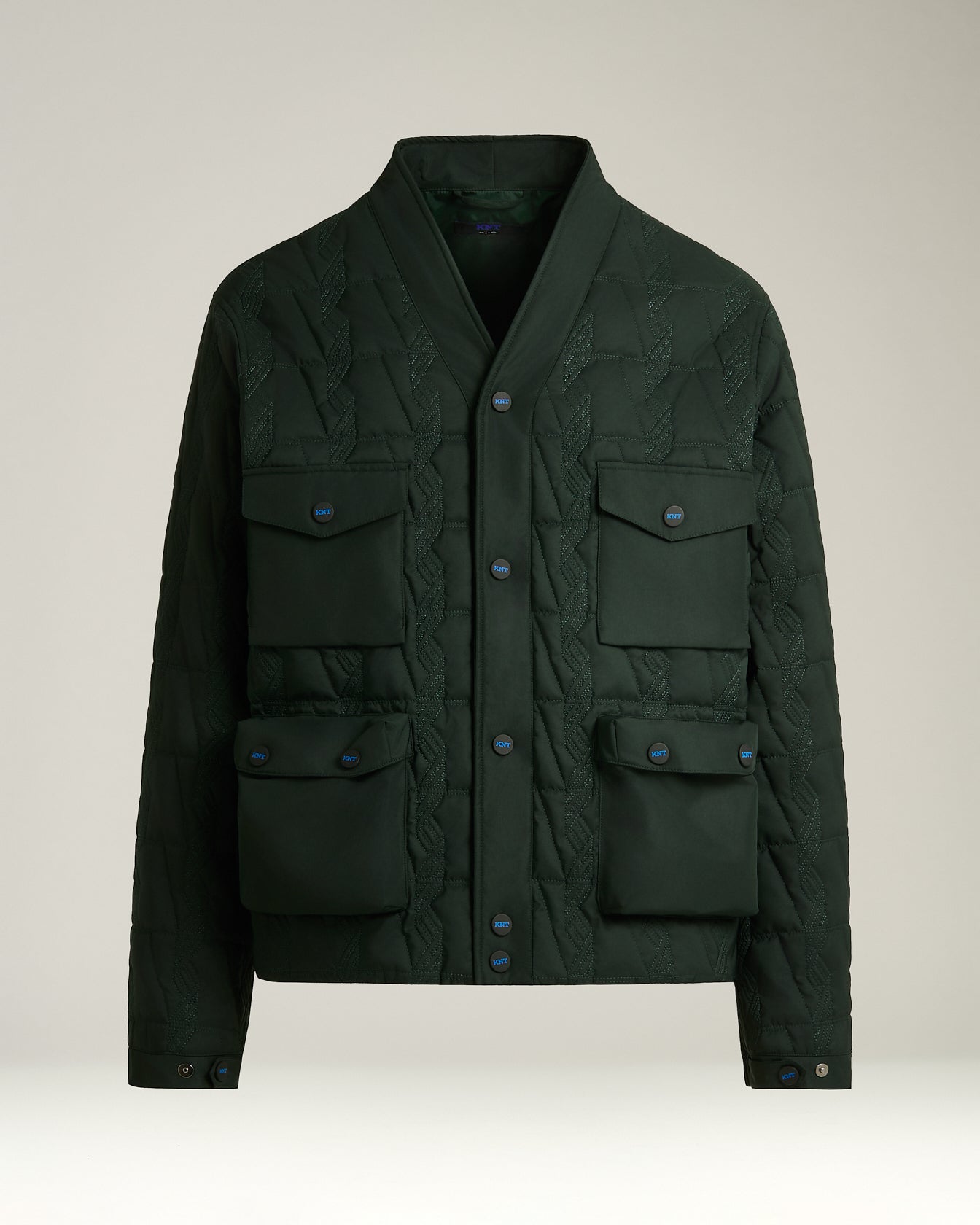Quilted Jacket With Jacquard Pattern Green And Utility Pockets