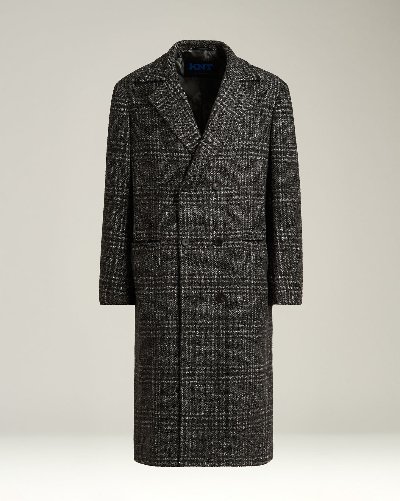 Double Breasted Long Coat Prince Of Wales In Wool Cashmere And Silk