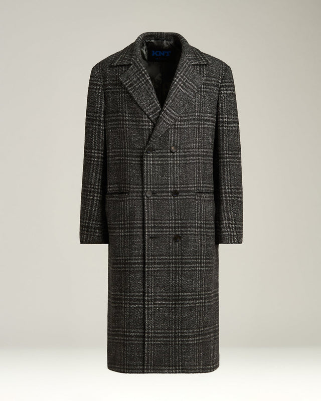 DOUBLE-BREASTED LONG COAT PRINCE OF WALES IN WOOL, CASHMERE AND SILK