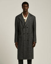 DOUBLE-BREASTED LONG COAT PRINCE OF WALES IN WOOL, CASHMERE AND SILK