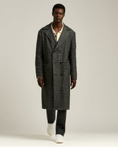 DOUBLE-BREASTED LONG COAT PRINCE OF WALES IN WOOL, CASHMERE AND SILK