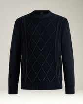 NAVY DIAMOND-PATTERN CASHMERE CREWNECK SWEATER