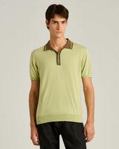 PURE COTTON POLO SHIRT WITH CONTRASTING COLLAR IN PISTACHIO AND MOSS GREEN