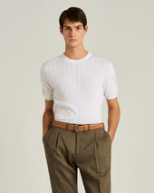WHITE PURE COTTON SHORT-SLEEVED CREWNECK SWEATER