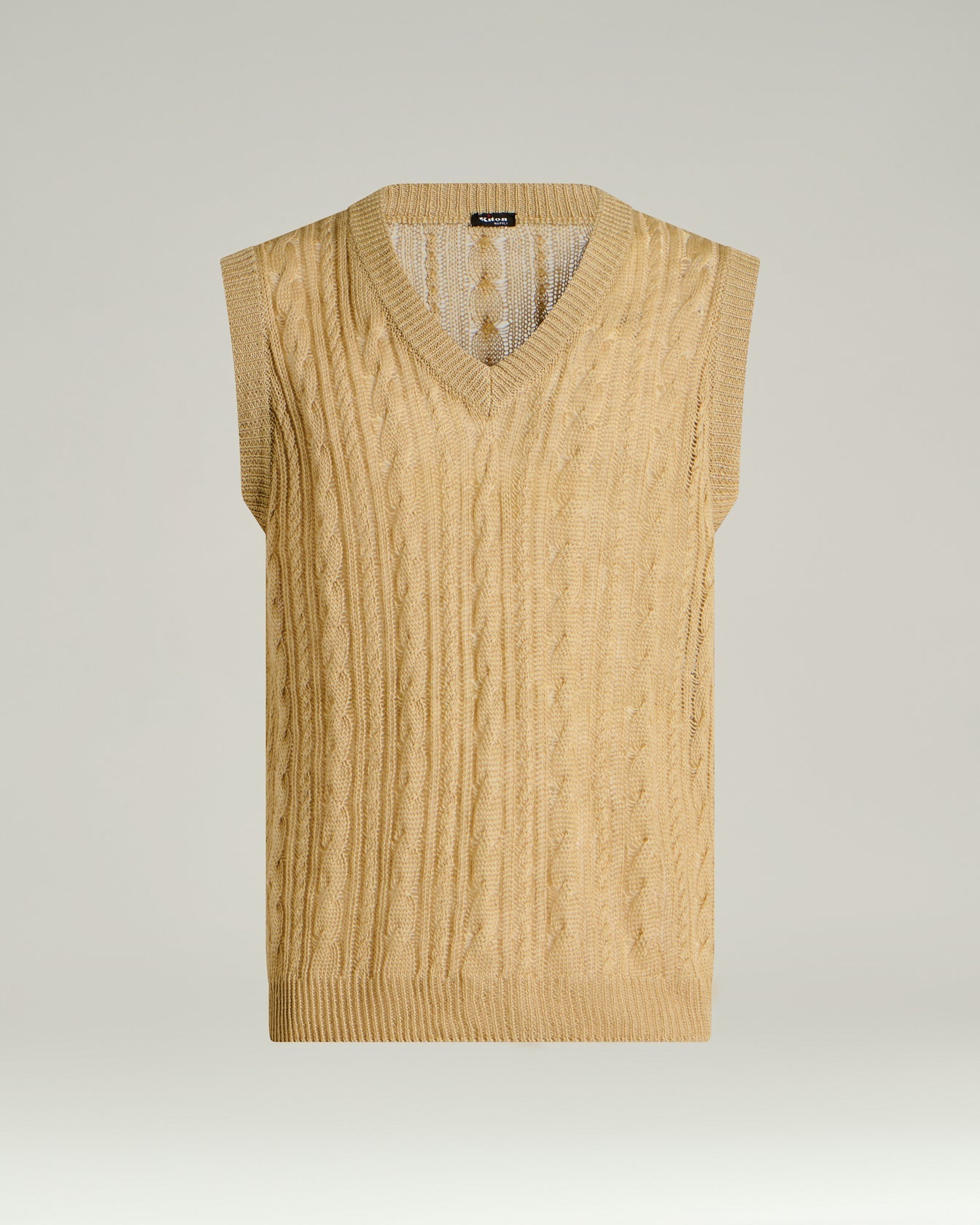 Pure Linen Cable Knit V Neck Sweater In Beige