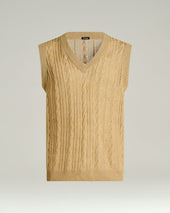 PURE LINEN CABLE KNIT V-NECK SWEATER IN BEIGE