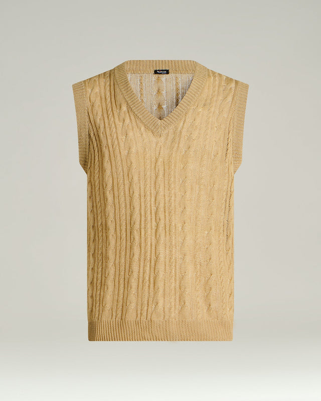PURE LINEN CABLE KNIT V-NECK SWEATER IN BEIGE