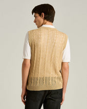 PURE LINEN CABLE KNIT V-NECK SWEATER IN BEIGE