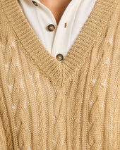 PURE LINEN CABLE KNIT V-NECK SWEATER IN BEIGE