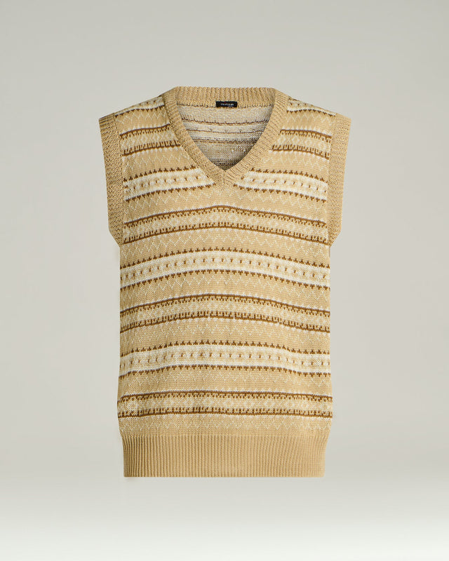 PURE LINEN V-NECK SWEATER VEST IN BEIGE BROWN
