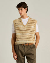 PURE LINEN V-NECK SWEATER VEST IN BEIGE BROWN