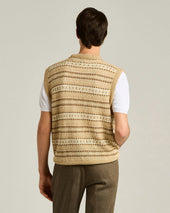 PURE LINEN V-NECK SWEATER VEST IN BEIGE BROWN
