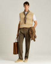 PURE LINEN V-NECK SWEATER VEST IN BEIGE BROWN