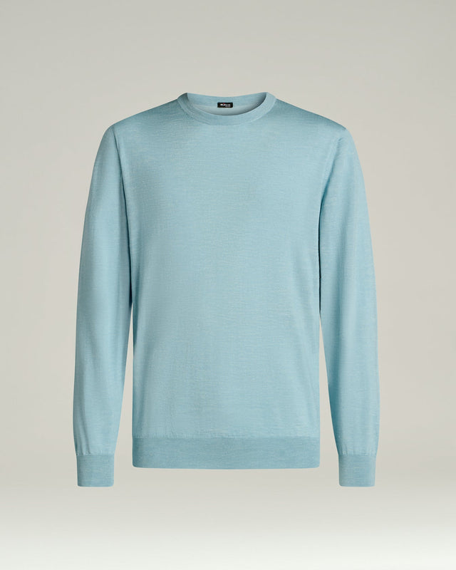 SILK, CASHMERE AND LINEN BLEND CREW NECK SWEATER IN POWDER BLUE