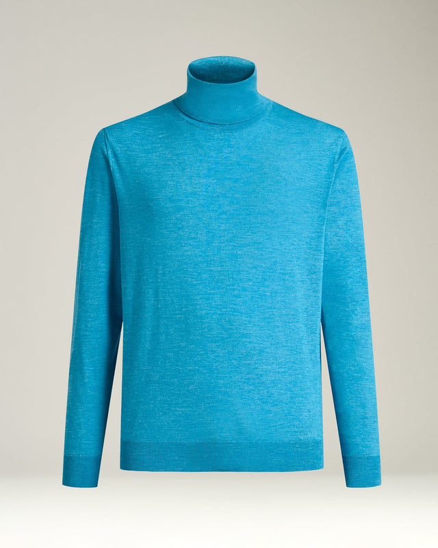 SKY BLUE SILK AND “DIAMANTE BLU” WOOL TURTLENECK