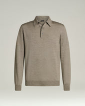 LIGHTWEIGHT KNIT LONG SLEEVED POLO SHIRT BRIGHT GREY AND MOTHER OF PEARL