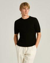 PURE COTTON SHORT-SLEEVED CREWNECK SWEATER IN BLACK
