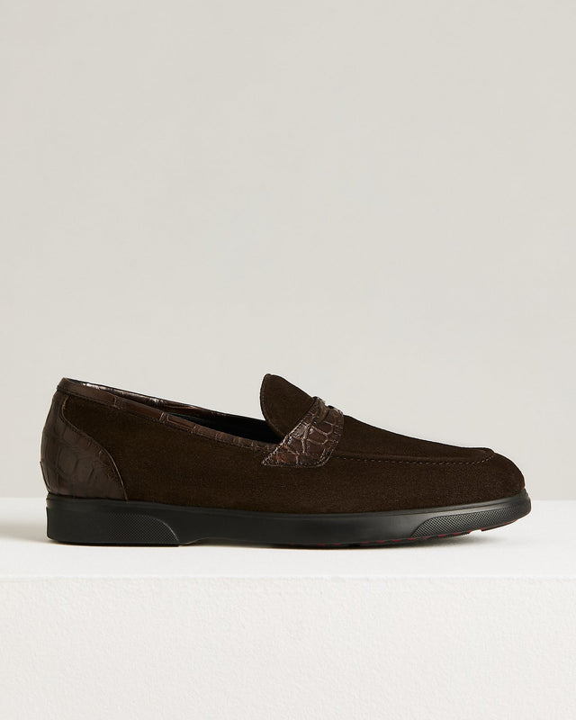BROWN SUEDE CALFSKIN LOAFERS WITH CROCODILE INSERTS