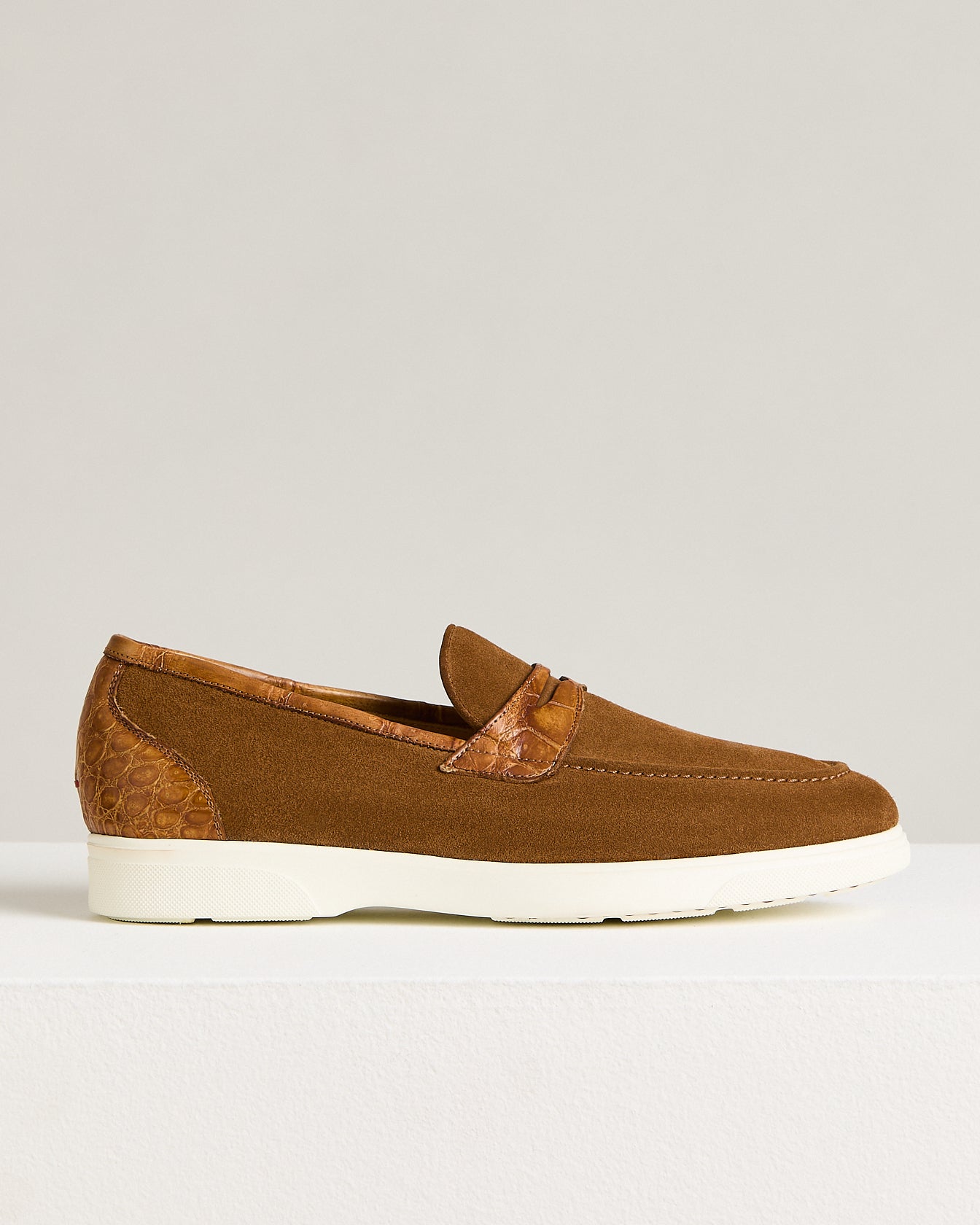 Havana Suede Calfskin Loafer With Crocodile Inserts