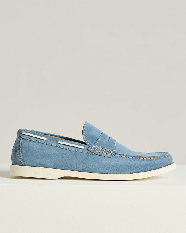 CALFSKIN SUEDE LOAFER IN POWDER BLUE
