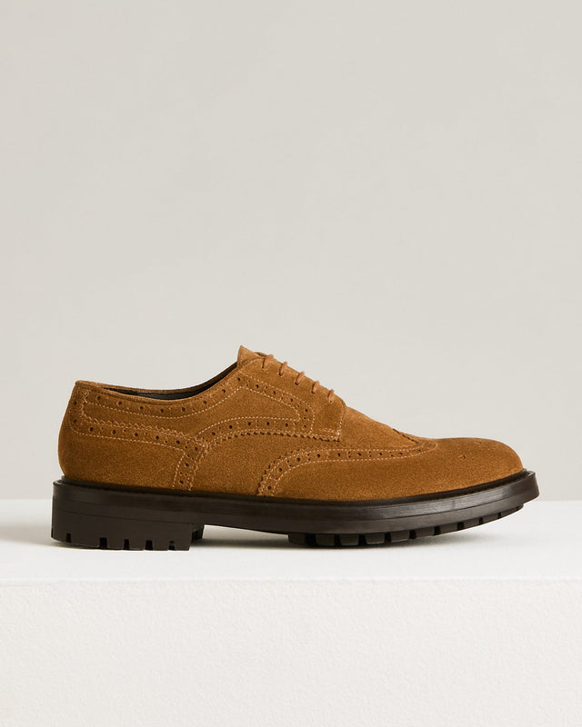 DERBY IN CALFSKIN SUEDE WITH BROGUED FLOWER PATTERN CAMEL