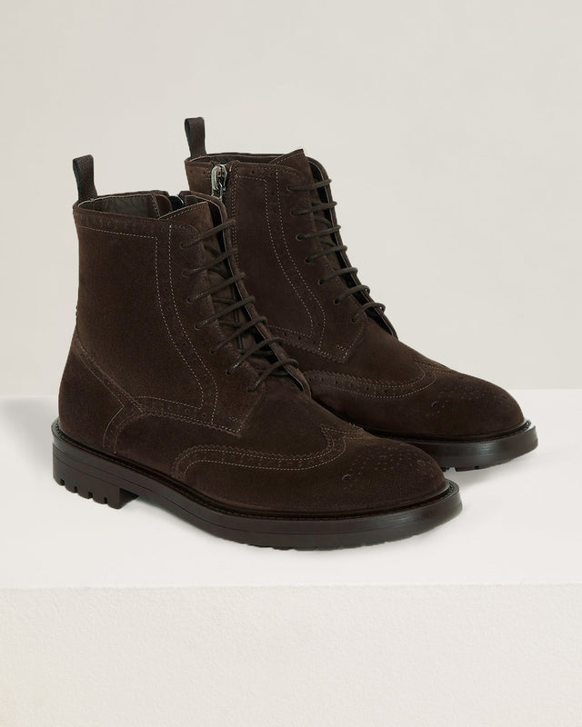 LACE-UP BROGUE BOOT IN SUEDE CALFSKIN BROWN WITH SIDE ZIP